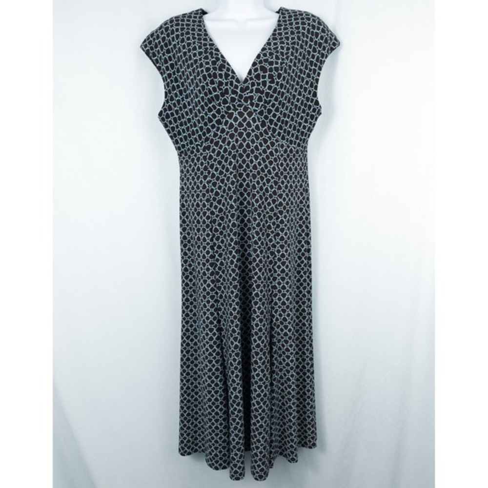 Jones Wear Dress V Neck Cap Sleeve Midi Dress Size 14 Geo Print Empire Waist
